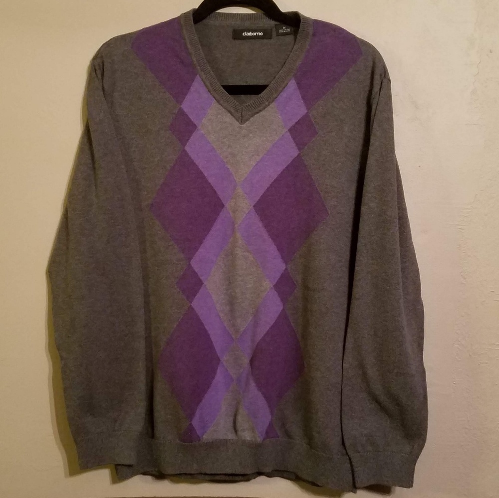 CLAIBORNE Mens Size M V-Neck Argyle Sweater
